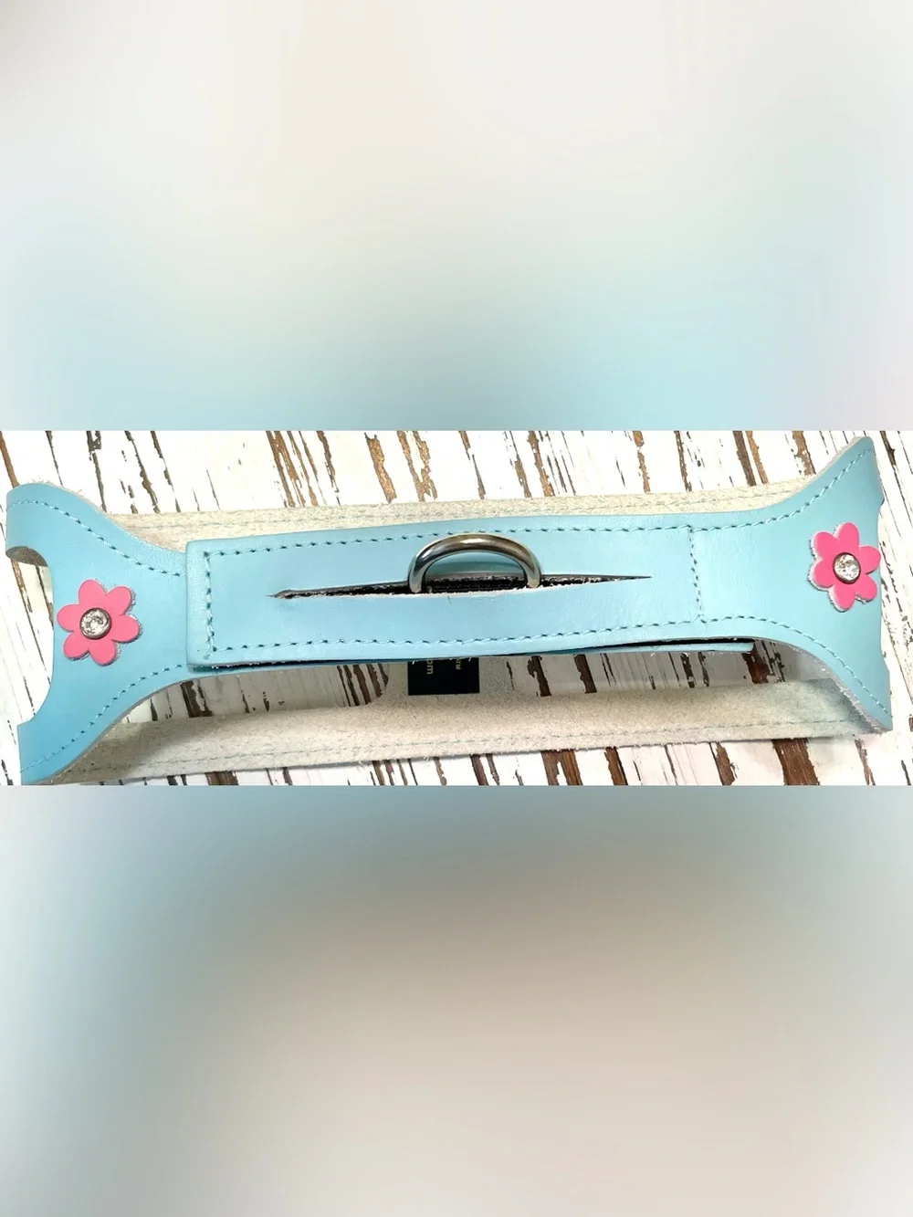 Light Blue Leather step-in Choke Free Harness embellished with Pink Flowers 19”